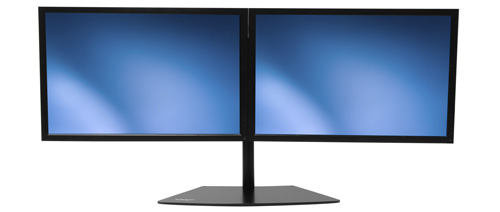 Save space by mounting two displays, up to 24 inches in size, onto one low-profile base.