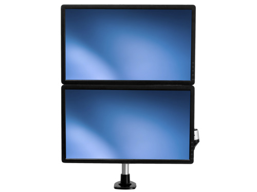 Los brazos intercambiables de montaje mediante rápida conexión le permiten la flexibilidad diseñar una configuración de dos monitores apilados.