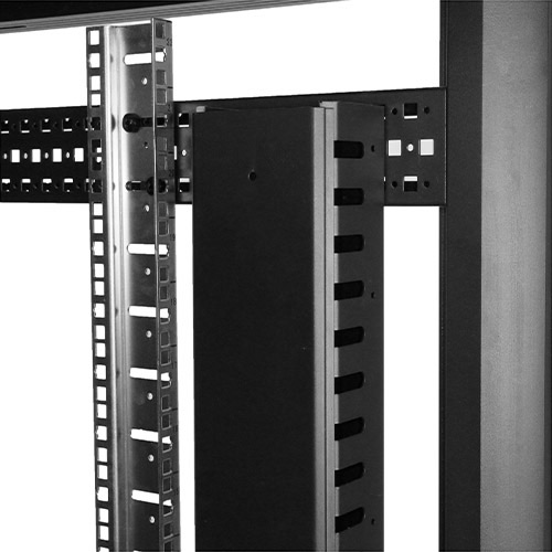 Photo showing the cable management panel installed in a rack using the horizontal mounting rail method