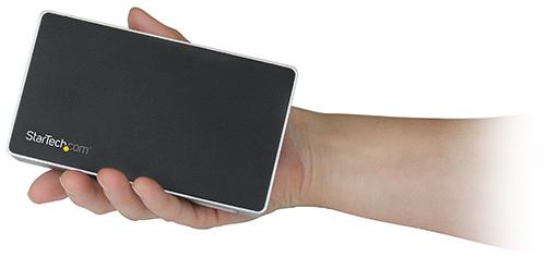 The 4K DP docking station is about the size of one's hand, the image highlights the dock's compact and palm-sized design