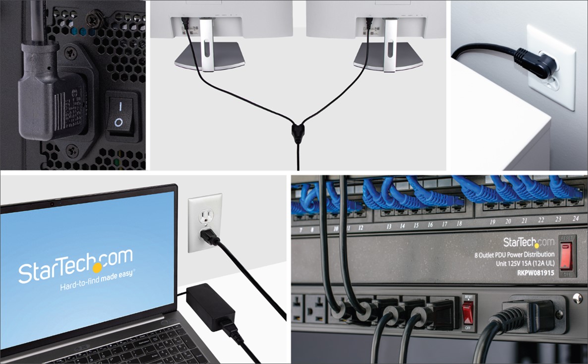 Cable de alimentación para computadora/monitor, C13 hembra a NEMA 5-15P  macho, 3 pines, 16 AWG, SJT, 13 amperios, cable de alimentación C13 a Nema