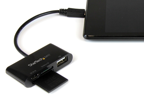 The dongle style memory card reader provides flexible use with a tablet or smartphone