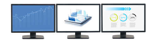 software sobre productividad mostrado en tres monitores