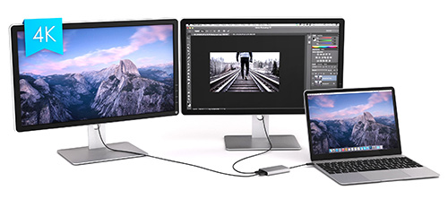 The Thunderbolt 3 to HDMI adapter connected to two 4K monitors.