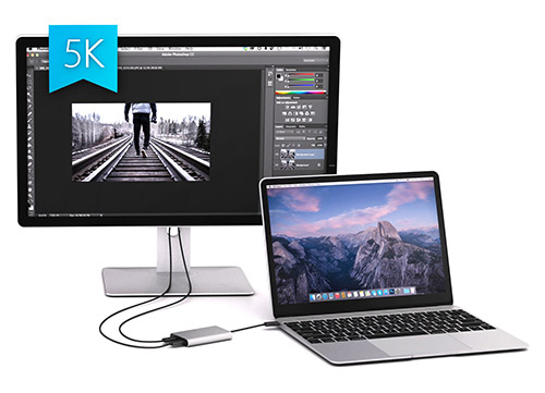 The Thunderbolt 3 to DisplayPort adapter connected to a single 5K monitor.
