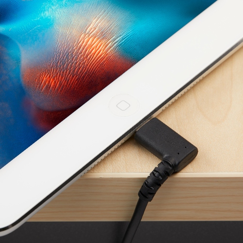 Black USB to angled cable connected to a white iPad