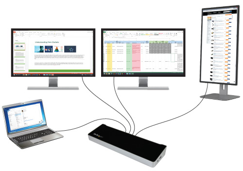 Replicador de puertos con vídeo triple para ordenadores portátiles conectados a un ordenador portátil y tres monitores