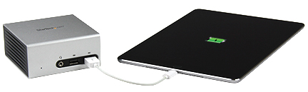 Diagram showing the 4K laptop docking station fast charging a tablet