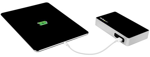 Afbeelding toont tablet aangesloten op de eenvoudig toegankelijke snellaadpoort van het dock