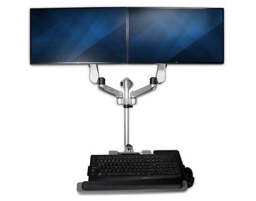The compact wall mounted computer workstation supports two monitors