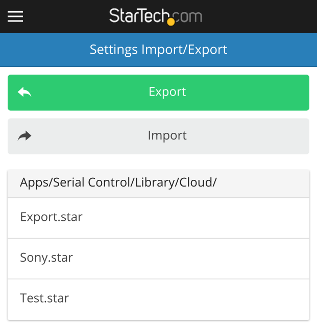 Example photo of a page from the application which shows the import and export functions