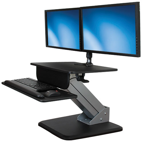 puede crear un espacio con dos monitores utilizando armsts con armdual para crear un espacio de trabajo ergonómico